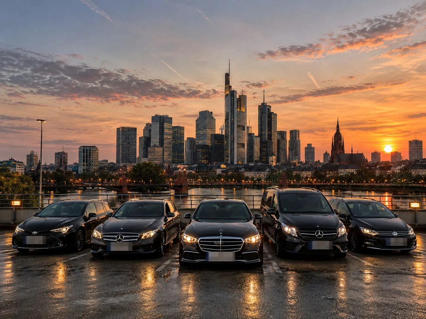 Fünf Fahrzeuge der MainRide-Flotte vor der Frankfurter Skyline